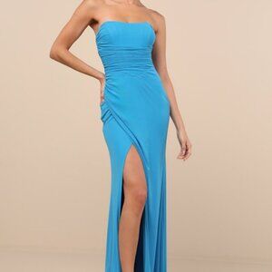 Lulus | Dresses | Lulus Utterly Attractive Slate Blue Mesh Ruched Strapless  Midi Dress Size M | Poshmark